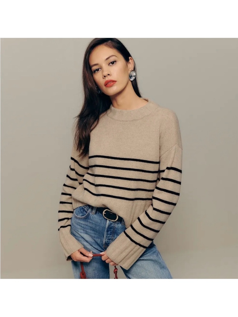 Reformation Mer Regerative Wool Dawson Stripe Sweater Size XS Beige & Black